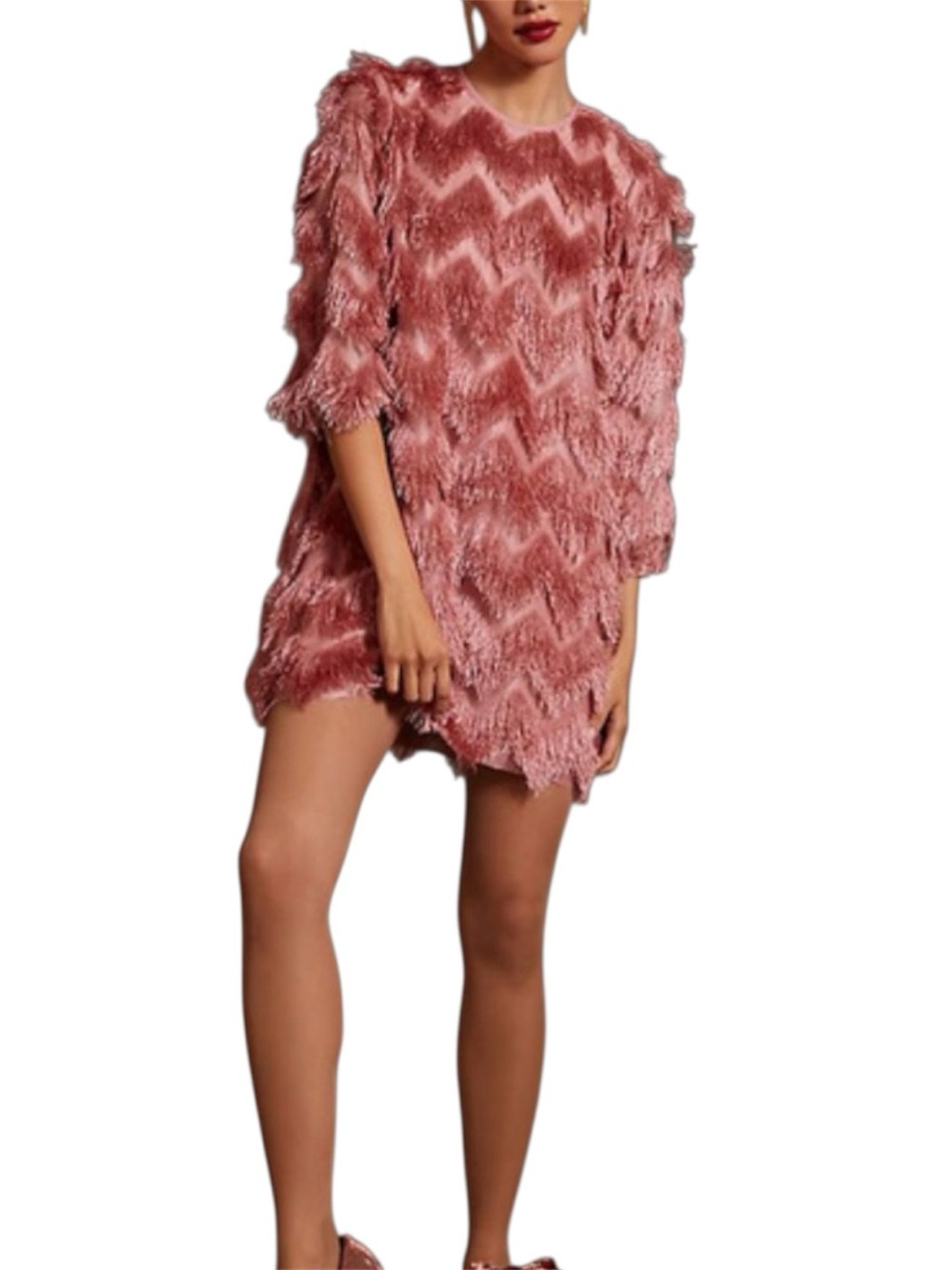 Anthropologie + Hutch Pink Fringed Chevron Dress Size M
